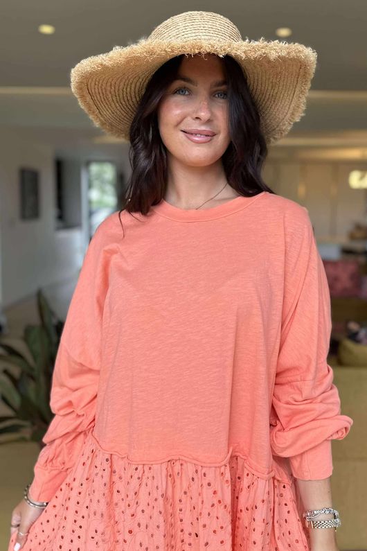 Made in Italy Rumours Broderie Smock Tunic Sunset Orange -